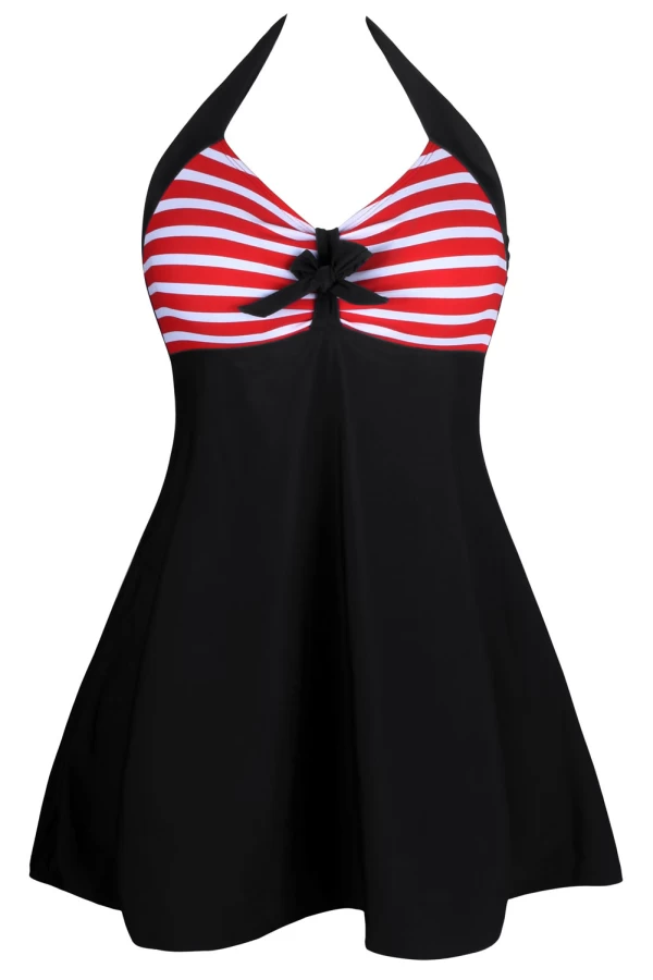 Red White Stripes Black Halter One-piece Swim Dress