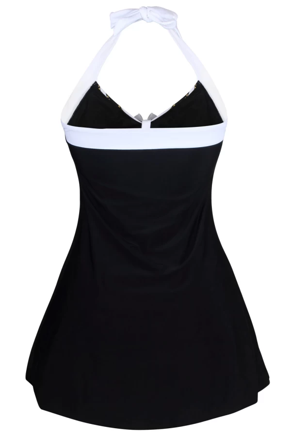 Black White Stripes Gold Trim Halter One-piece Swim Dress
