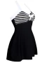 Black White Stripes Gold Trim Halter One-piece Swim Dress
