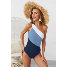 Blue Color Block One Shoulder Backless Medium Coverage One-piece Swimwear