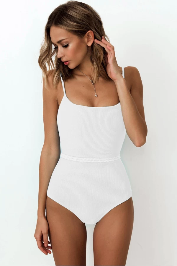 Women's White Classic One-piece Swimsuit With Belt