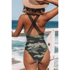 Women's Camouflage Pattern Lattice Plunge V Neck Cross Back One-piece Swimsuit
