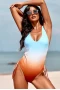 Blue Ombre Drawstring Ruched Sides Backless Swimsuit