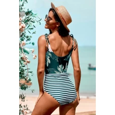Women's Floral and Striped Lace-up One-piece Swimwear Green