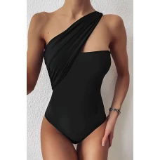 Women's Black One-shoulder Medium Coverage One-piece Swimwear