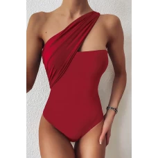 Women's Red One-shoulder Medium Coverage One-piece Swimwear