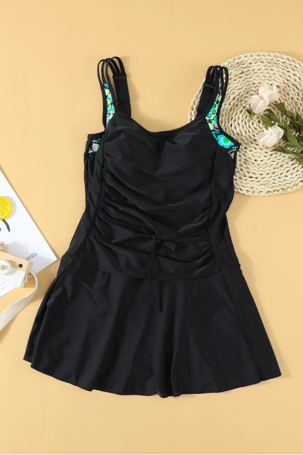 Black Floral Print Ruched Front One-piece Swimdress