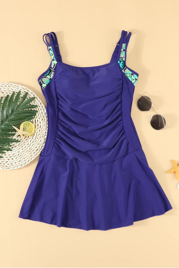 Blue Floral Print Ruched Front One-piece Swimdress