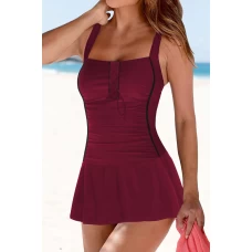 Red Lace up Ruched Front Bodyshaper One Piece Swim dress