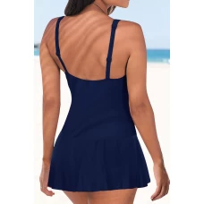 Navy Lace up Ruched Front Bodyshaper One Piece Swim dress