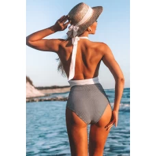 Women's Plunge V Neck Colorblock Gray Stripe Bottoms Halter One-piece Swimsuit