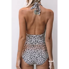 Women's Classic Leopard Print Backless Halter One-piece Swimwear