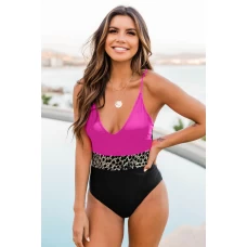 Women's Rose Splicing Leopard Print Color Block Plunging V One Piece Swimsuit