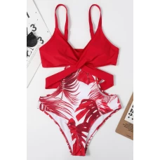 Women's Red Tropical Twist Backless One-piece Swimwear