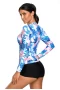 Women's Zipped Long Sleeve Rash Guard - Blue and Pink Tropical Leaf Top