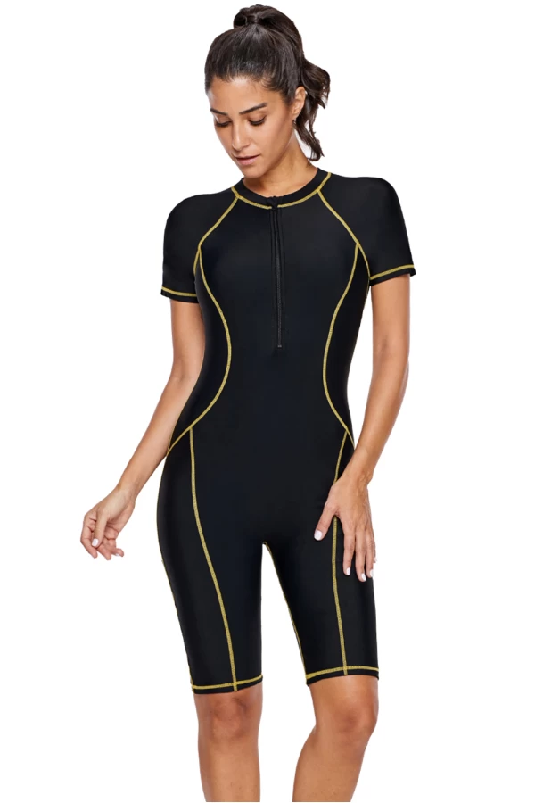 Women's Short Sleeve One Piece Zip Front Wetsuit - Yellow Seam Contoured