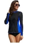 Women's Long Sleeve Front Zip Rashguard - Blue Strip and Patchwork