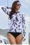 Women's Long Sleeve Crew Neck Front Zip One Piece Rashguard Top - Allover Black and White Tropical Leaf Print