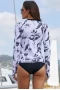 Women's Long Sleeve Crew Neck Front Zip One Piece Rashguard Top - Allover Black and White Tropical Leaf Print