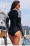 Women's Crew Neck Raglan Sleeves Rash Guard Top - Asymmetric Black and White Stripes and Dots