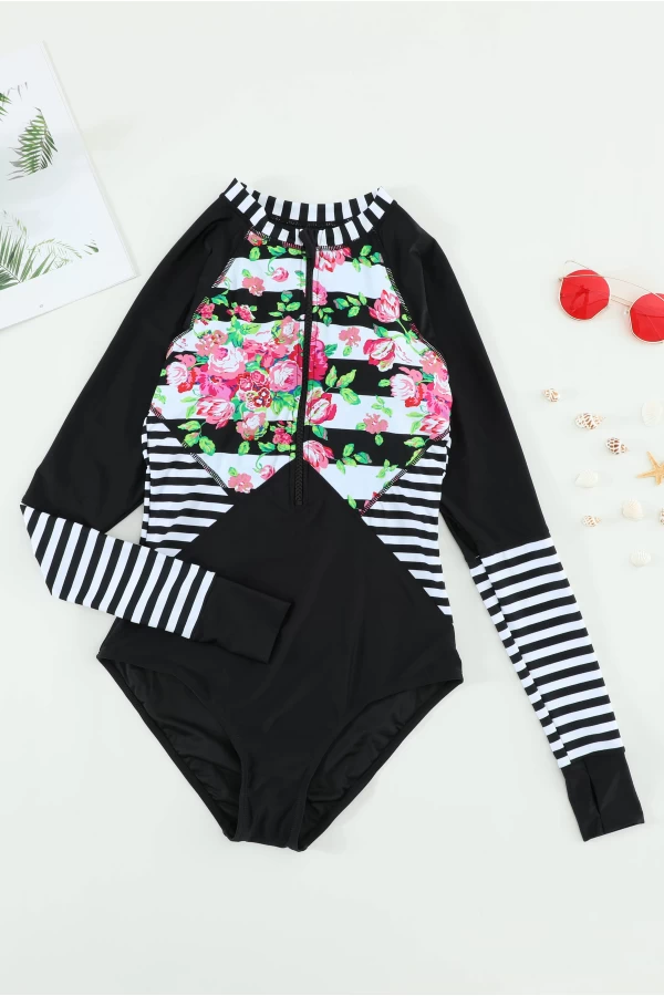 Women's Crew Neck Front Zip Raglan Sleeves Rash Guard -Black and White Stripes and Floral Print