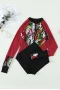 Women's Crew Neck Front Zip Rash Guard - Patchwork of Red/Black Colorblock and Floral Print