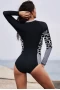 Women's Hourglass Long Sleeve Crew Neck One Piece Rashguard - Black and White Mottles and Dots
