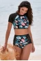 Women's Cropped and High Waist Tankini Swimsuit - Patchwork of Lace Hollow and Floral Print