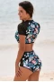 Women's Cropped and High Waist Tankini Swimsuit - Patchwork of Lace Hollow and Floral Print