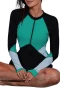 Women's Long Sleeve Crew Neck One Piece Rashguard Top - Green and Gray Colorblocks