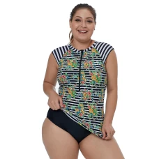 Women's Crew Neck Floral and Striped Rash guard Top