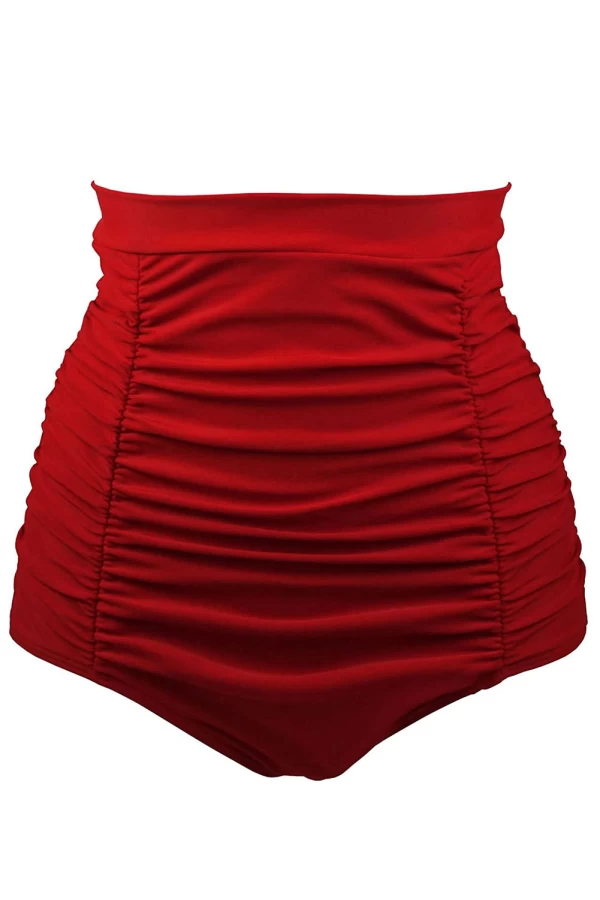 Women's Red Throwback Ruched High Waist Swimsuit Shorts