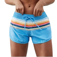 Women's Blue Drawstring Rainbow Striped Loose Fitting Sports Shorts
