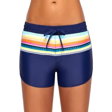 Women's Navy Blue Drawstring Rainbow Striped Loose Fitting Sports Shorts