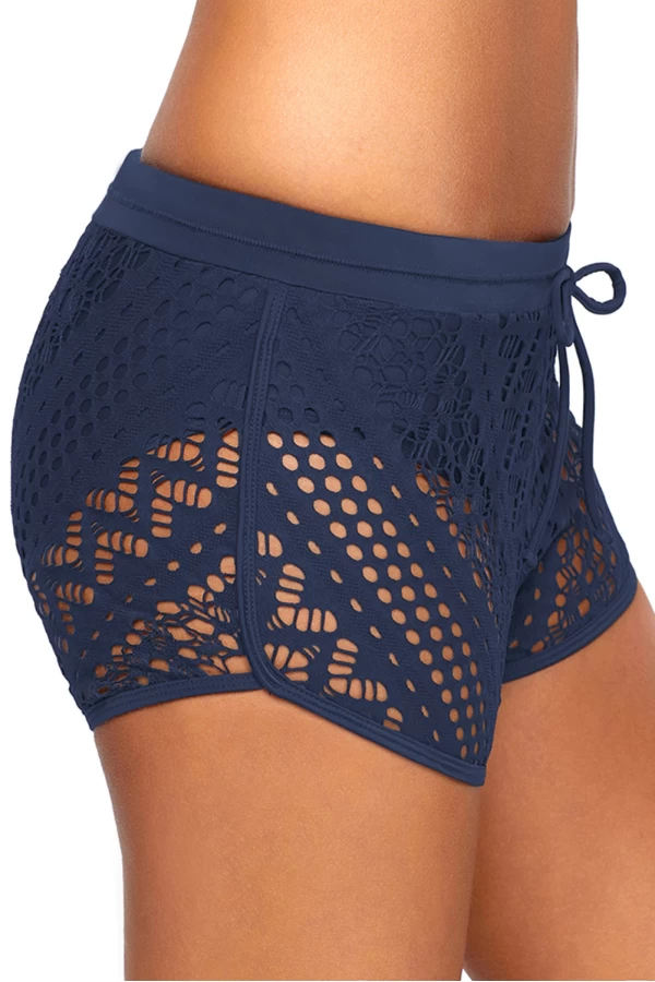 Women's Blue Hollowing Out Lace Overlay Swimsuit Shorts/Bikini Bottoms