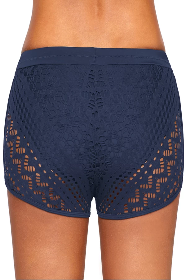 Women's Blue Hollowing Out Lace Overlay Swimsuit Shorts/Bikini Bottoms