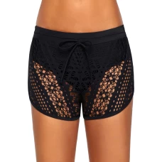 Women's Black Hollowing Out Lace Overlay Swimsuit Shorts/Bikini Bottoms