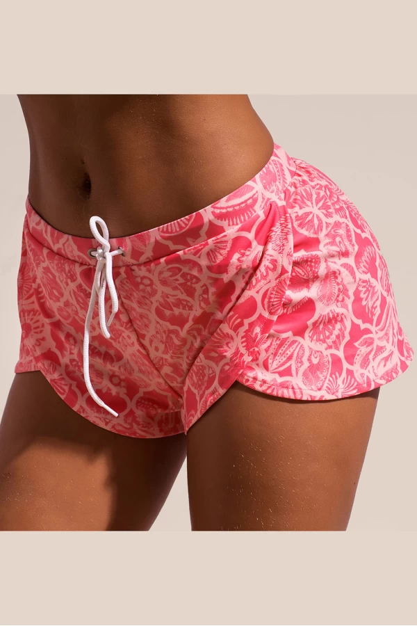 Women's Pink Print Drawstring Scalloped Edge Swimsuit Shorts