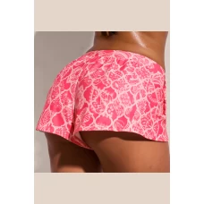 Women's Pink Print Drawstring Scalloped Edge Swimsuit Shorts