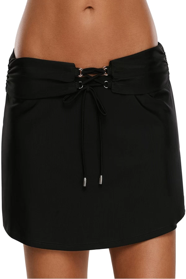 Women's Black Lace-up O-ring Skirtini Swimsuit Bottom
