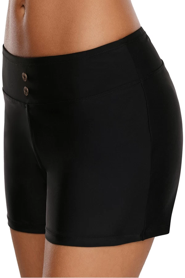 Women's Black Button Wide Waistband Skintight Sports Shorts