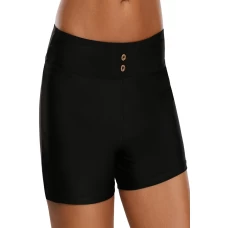 Women's Black Button Wide Waistband Skintight Sports Shorts