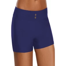 Women's Blue Button Wide Waistband Skintight Sports Shorts