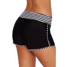 Women's Black and White Striped and Trimmed Wide Waistband Swimsuit Shorts