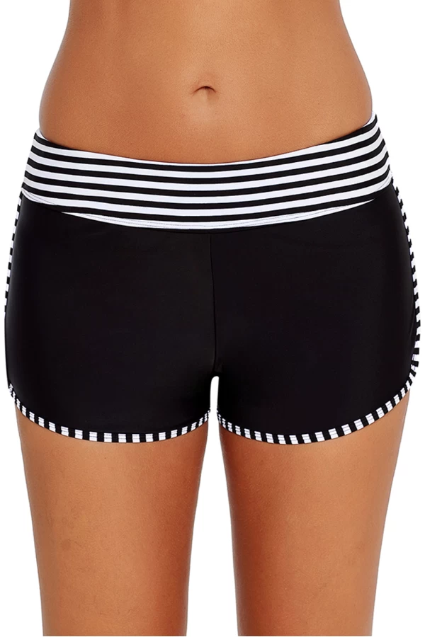 Women's Black and White Striped and Trimmed Wide Waistband Swimsuit Shorts