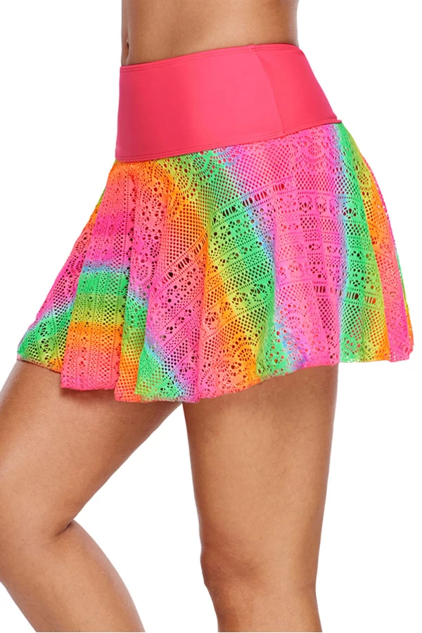 Women's Pink Crochet Lace Wide Waistband Skirted Swimsuit Bottom/Skirtini