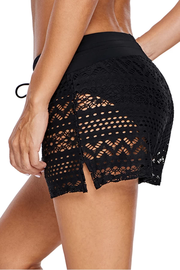 Women's Black Crochet Lace Attached Swimsuit Bottom