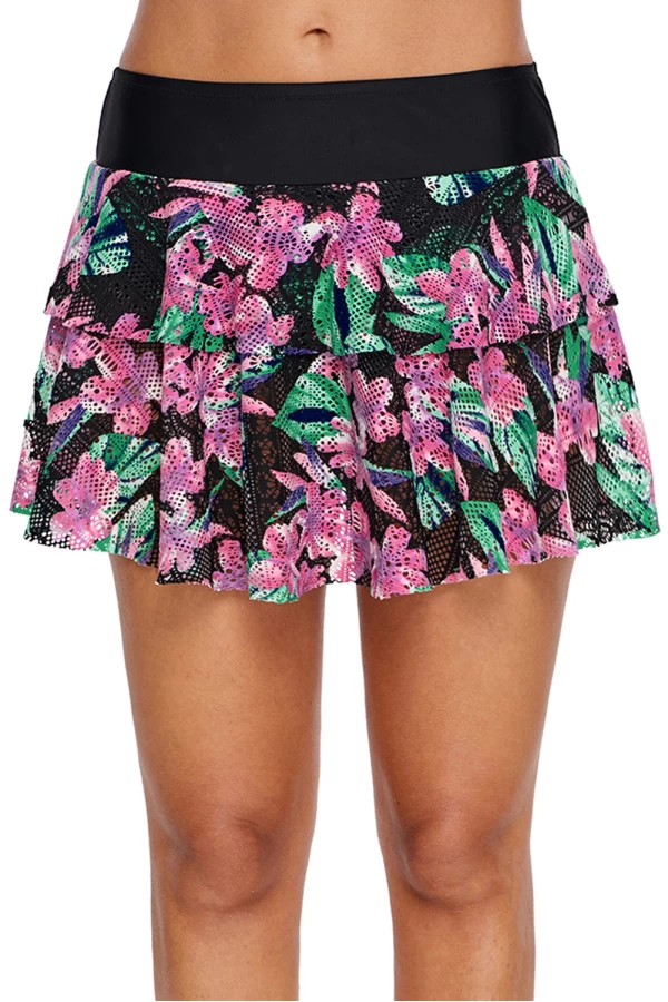 Floral Print Lacy Skirt Attached Swim Bottom