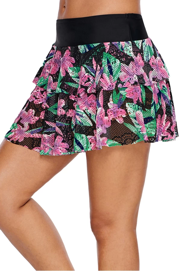 Floral Print Lacy Skirt Attached Swim Bottom