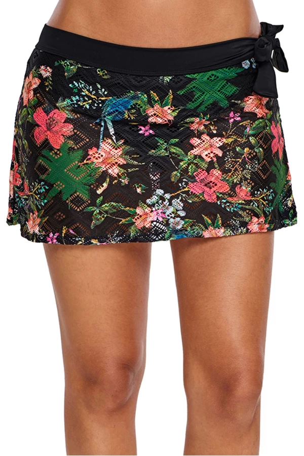 Women's Black Floral Print Lacy Swim Skirt